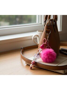 Pink Beaded Keychain With Fluffy Pom-Pom Charm Purse Clip Accessory